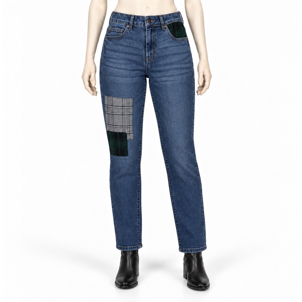 d.jeans Womens Size 8 Patchwork Plaid Tartan Straight Leg Denim Blue Jeans